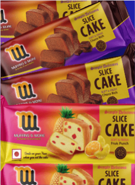 Creative cake slice packet design highlighting taste and freshness | muffins & more slice cake