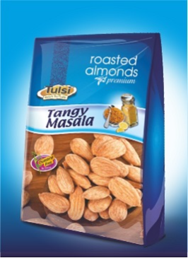 Creative roasted almond packet design highlighting health and taste | tulsi almond